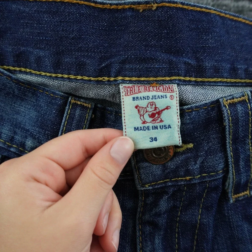 True Religion Billy Jeans Mens 34 Blue Distressed Ripped Straight Leg USA Made